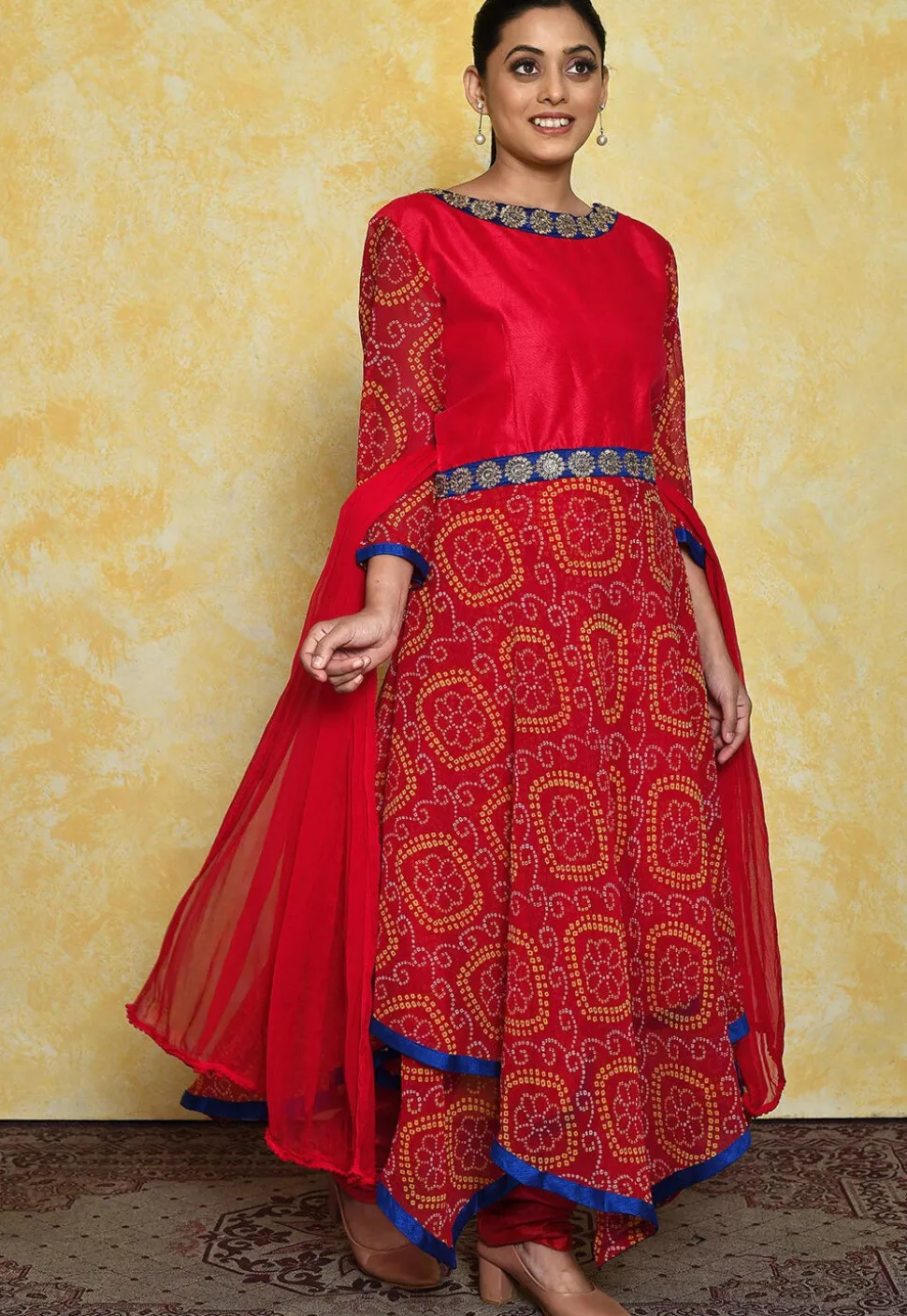 Bandhej Printed Georgette and Art Dupion Silk A Line Suit in Red
