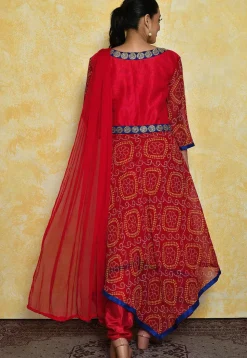 Bandhej Printed Georgette and Art Dupion Silk A Line Suit in Red