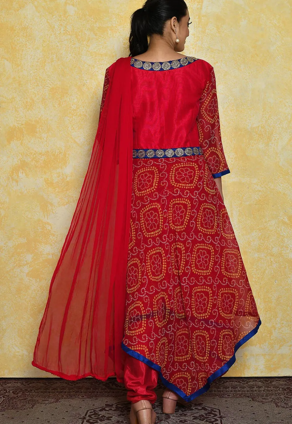Bandhej Printed Georgette and Art Dupion Silk A Line Suit in Red