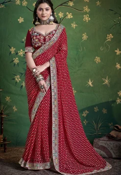 Bandhej Printed Georgette Saree in Maroon