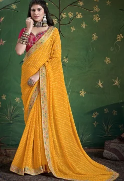 Bandhej Printed Georgette Saree in Yellow