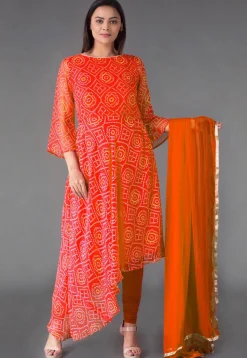 Bandhej Printed Georgette Asymmetric A Line Suit in Orange