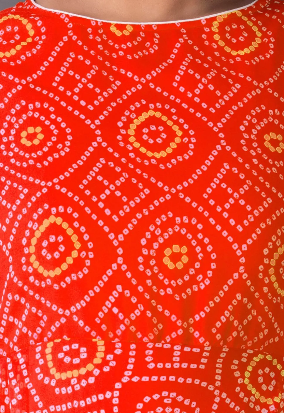 Bandhej Printed Georgette Asymmetric A Line Suit in Orange