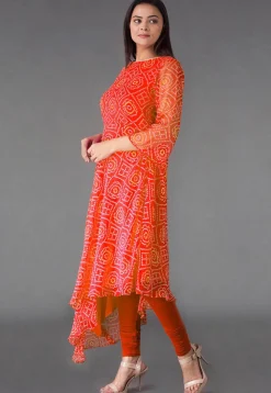 Bandhej Printed Georgette Asymmetric A Line Suit in Orange