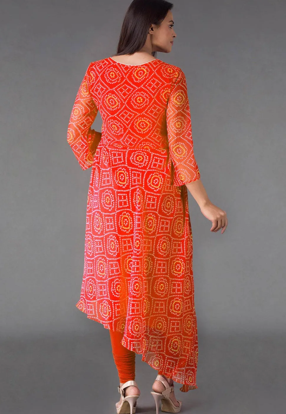 Bandhej Printed Georgette Asymmetric A Line Suit in Orange