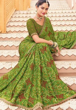 Bandhej Printed Georgette Saree in Olive Green