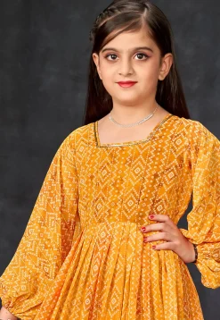 Bandhej Printed Georgette Gown in Mustard