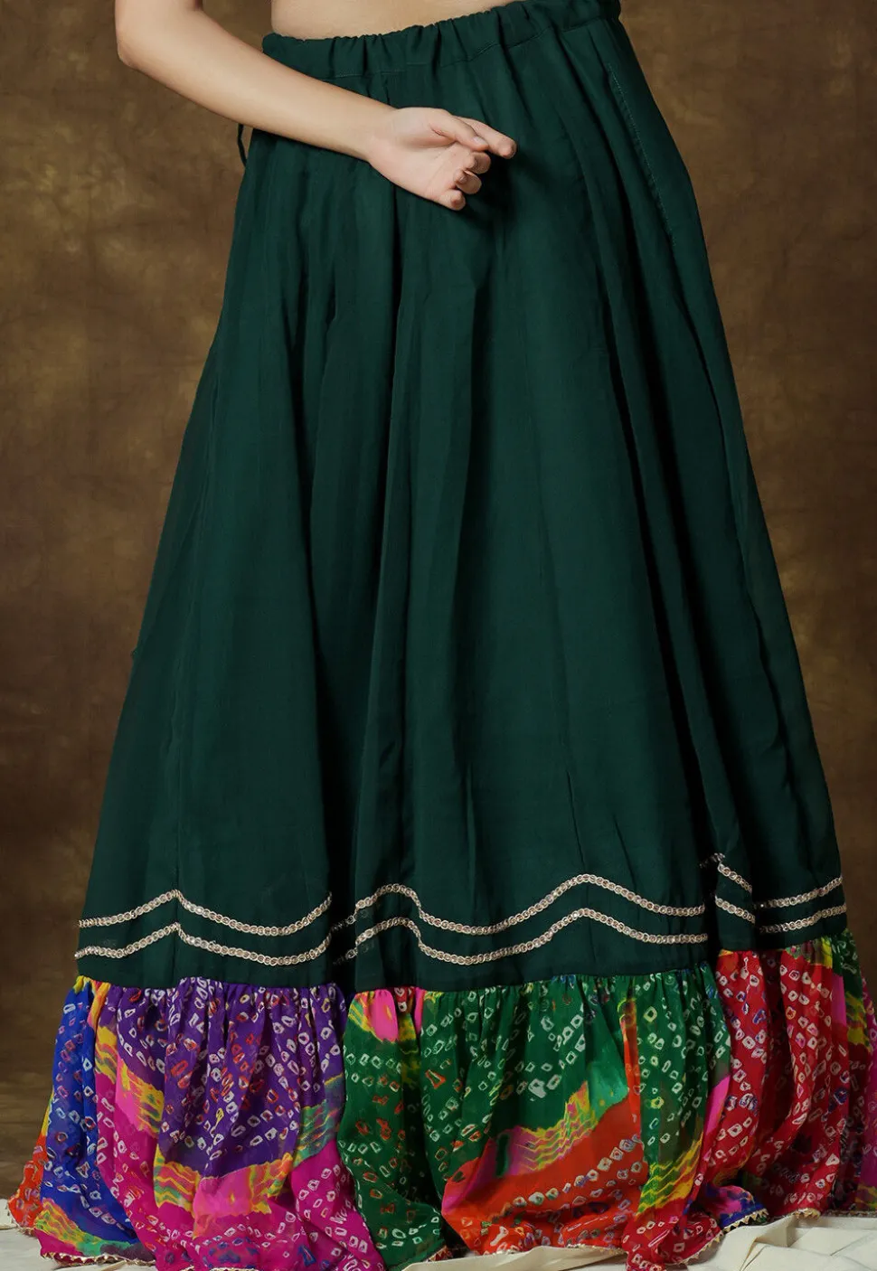 Bandhej Printed Georgette Skirt in Dark Green