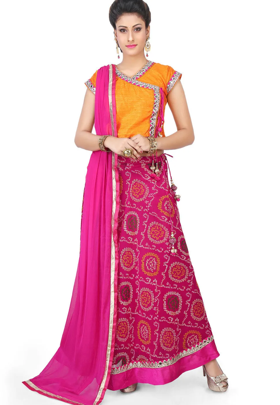 Bandhej Printed Georgette Circular Lehenga in Fuchsia