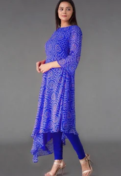 Bandhej Printed Georgette Asymmetric A Line Suit in Royal Blue