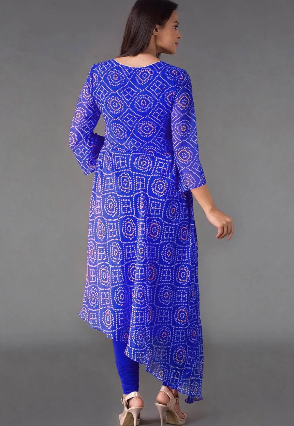 Bandhej Printed Georgette Asymmetric A Line Suit in Royal Blue