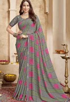 Bandhej Printed Georgette Saree in Grey