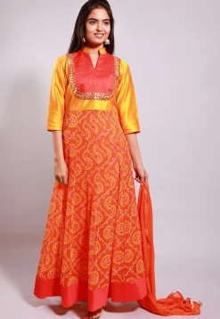 Bandhej Printed Georgette Abaya Style Suit in Orange