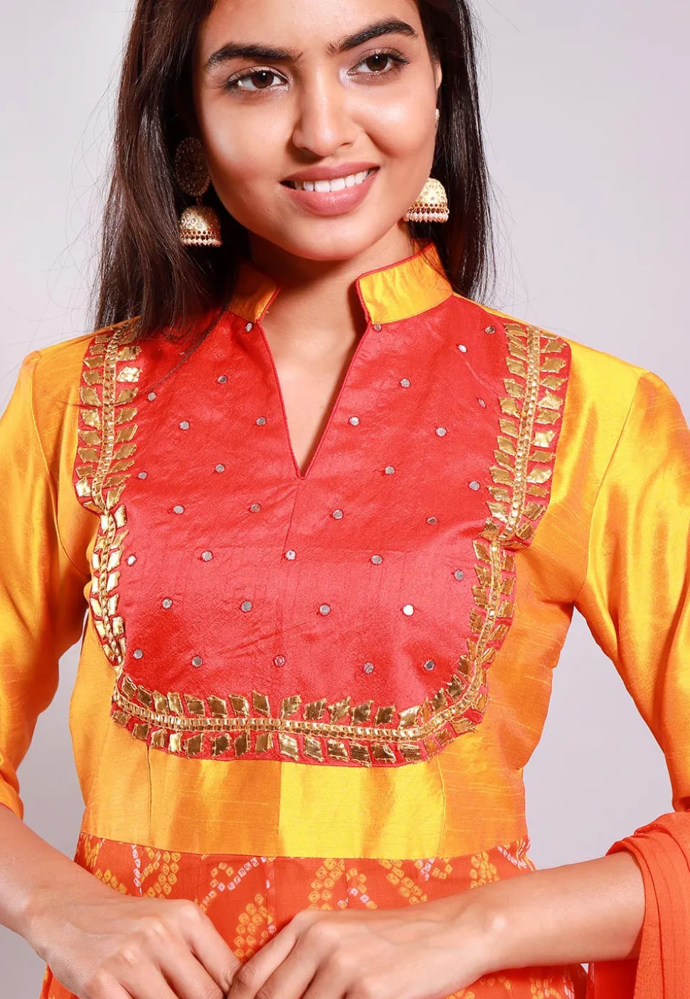 Bandhej Printed Georgette Abaya Style Suit in Orange