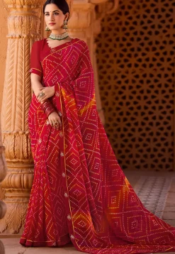 Bandhej Printed Georgette Saree in Maroon
