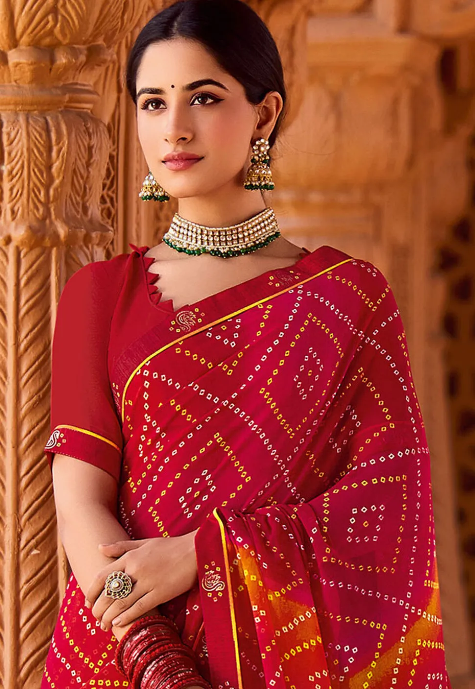 Bandhej Printed Georgette Saree in Maroon