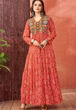 Bandhej Printed Georgette Tiered Gown in Orange