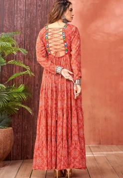 Bandhej Printed Georgette Tiered Gown in Orange