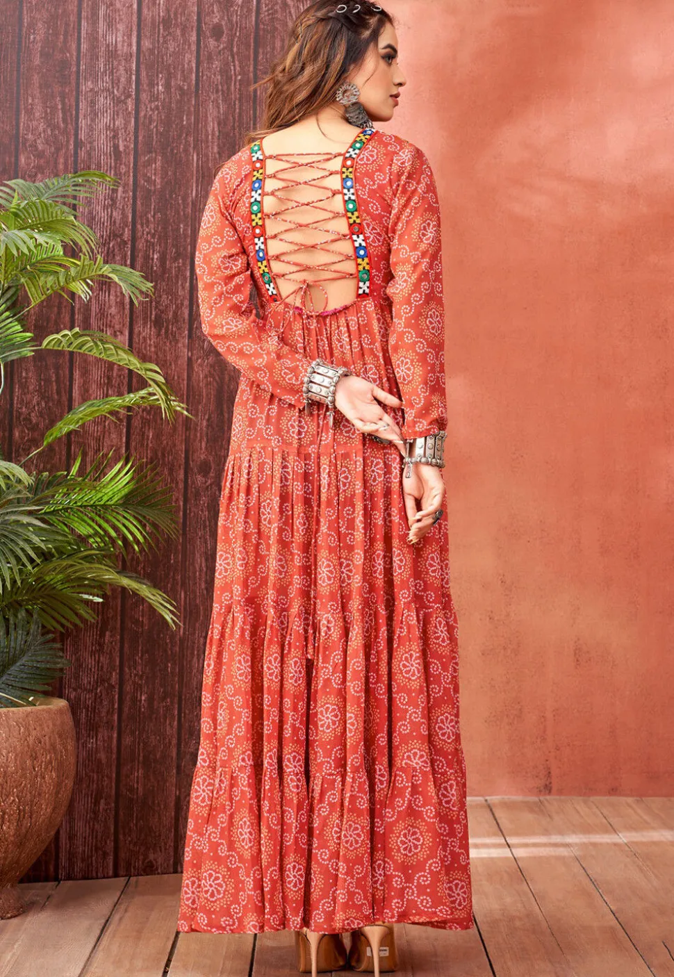 Bandhej Printed Georgette Tiered Gown in Orange