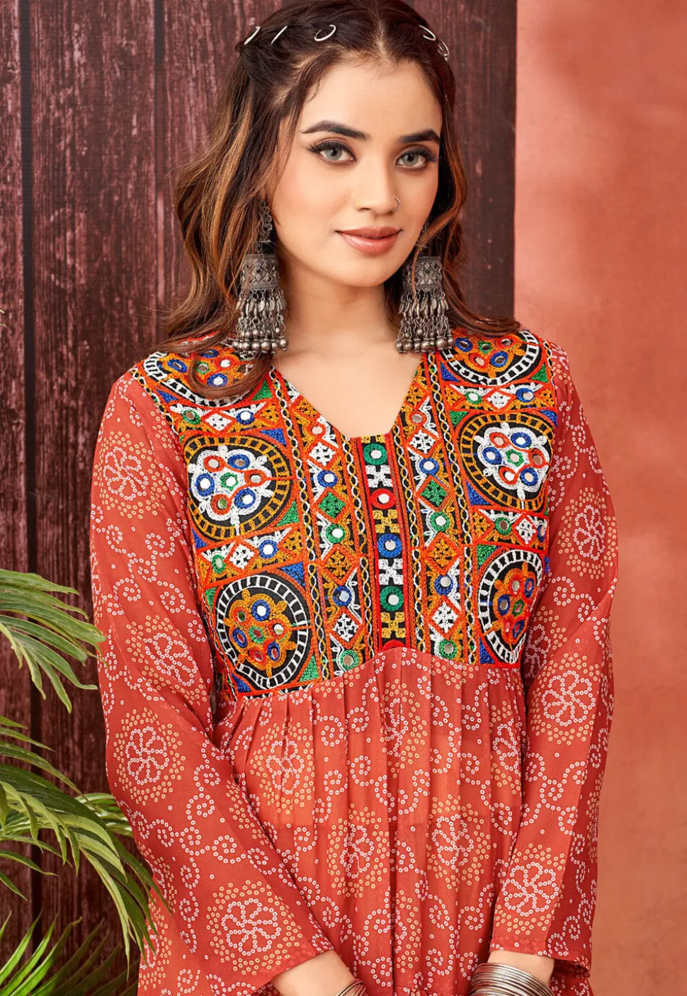Bandhej Printed Georgette Tiered Gown in Orange