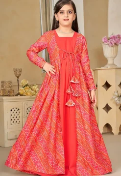 Bandhej Printed Georgette Gown in Red