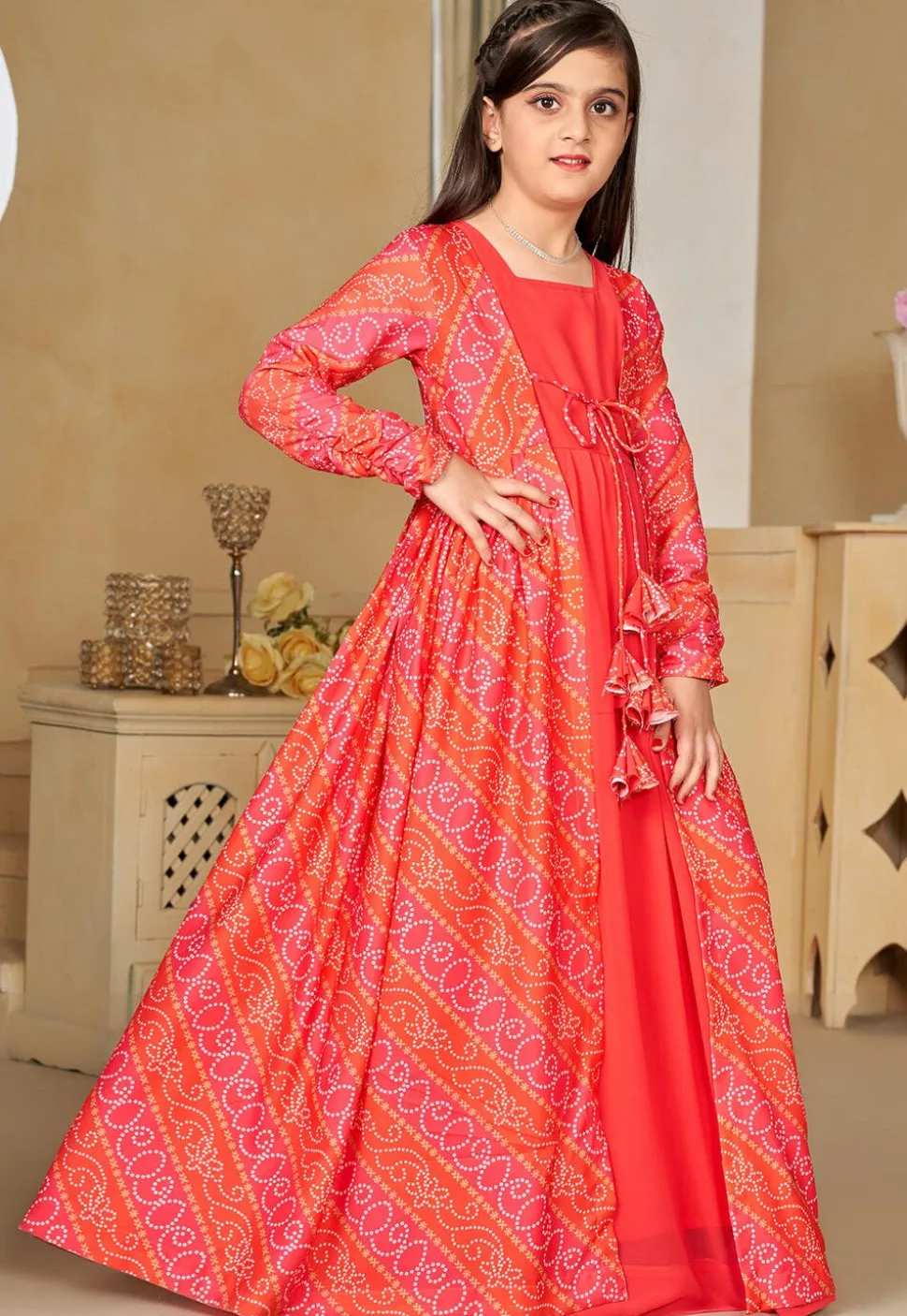 Bandhej Printed Georgette Gown in Red