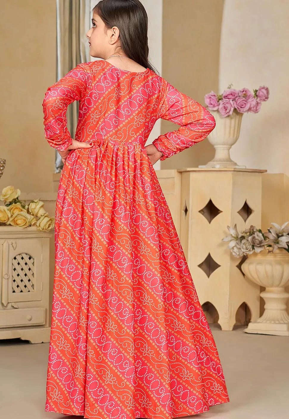 Bandhej Printed Georgette Gown in Red