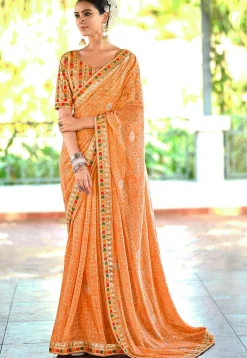 Bandhej Printed Georgette Saree in Orange