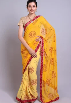 Bandhej Printed Georgette Half N Half Saree in Yellow