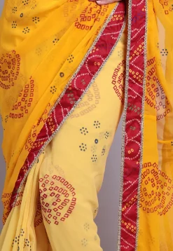 Bandhej Printed Georgette Half N Half Saree in Yellow