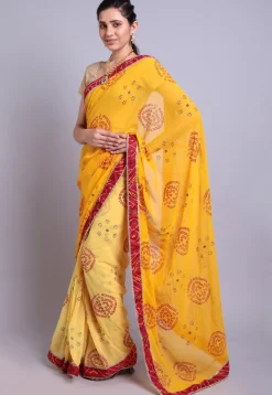 Bandhej Printed Georgette Half N Half Saree in Yellow