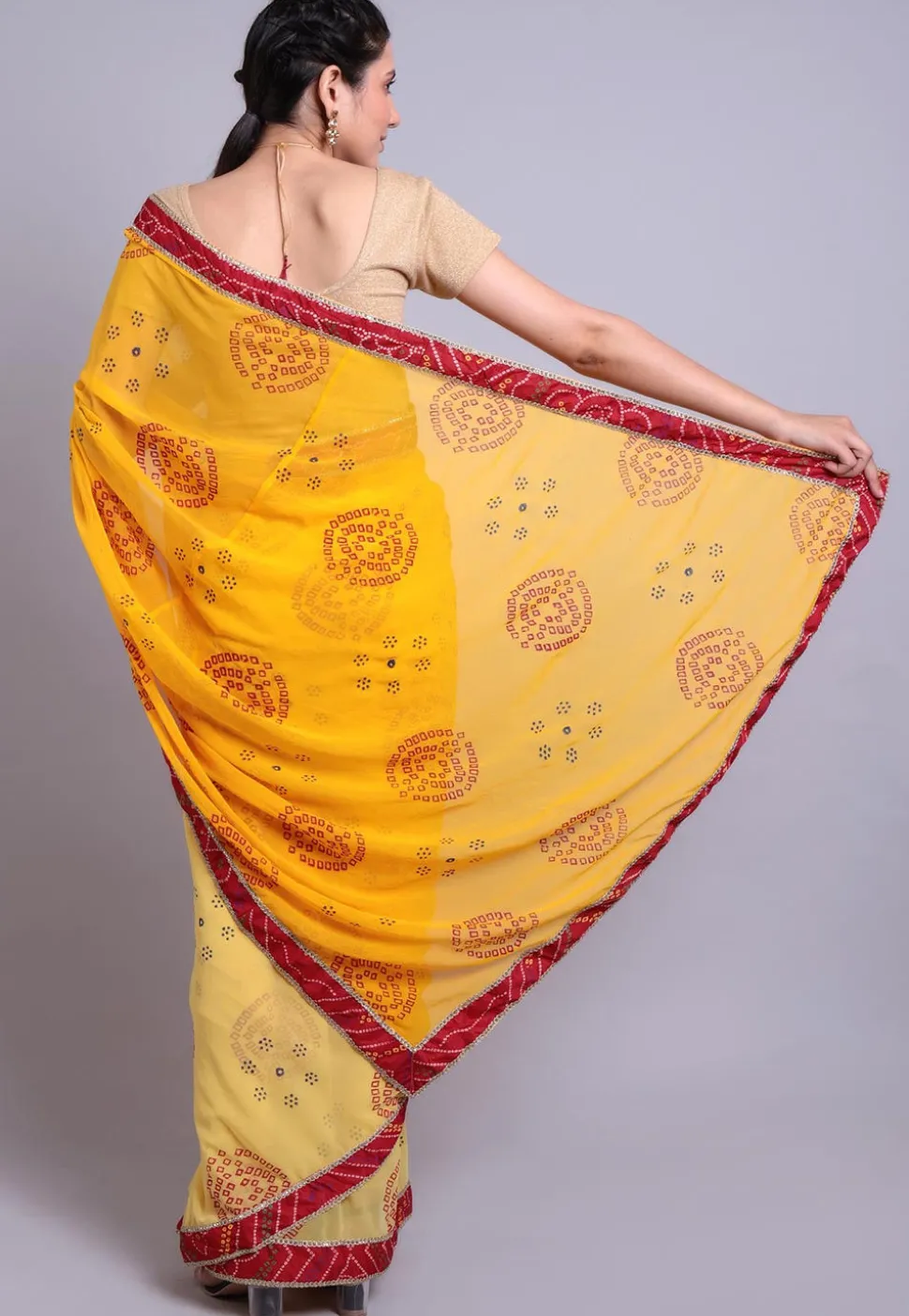 Bandhej Printed Georgette Half N Half Saree in Yellow