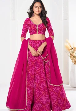Bandhej Printed Georgette Lehenga in Pink