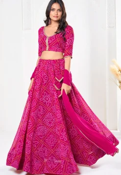 Bandhej Printed Georgette Lehenga in Pink