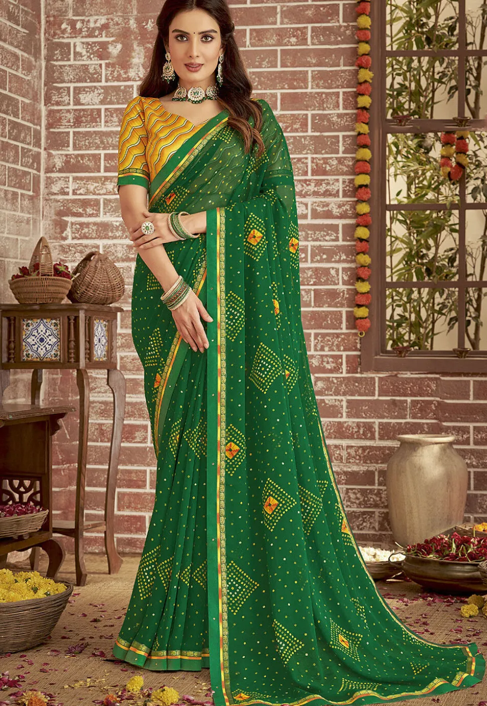 Bandhej Printed Georgette Saree in Green
