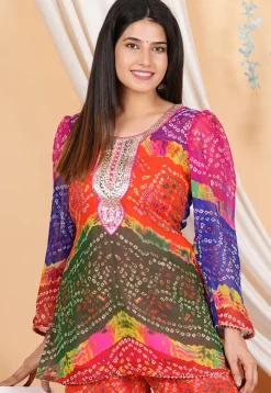 Bandhej Printed Georgette Kurti in Multicolor