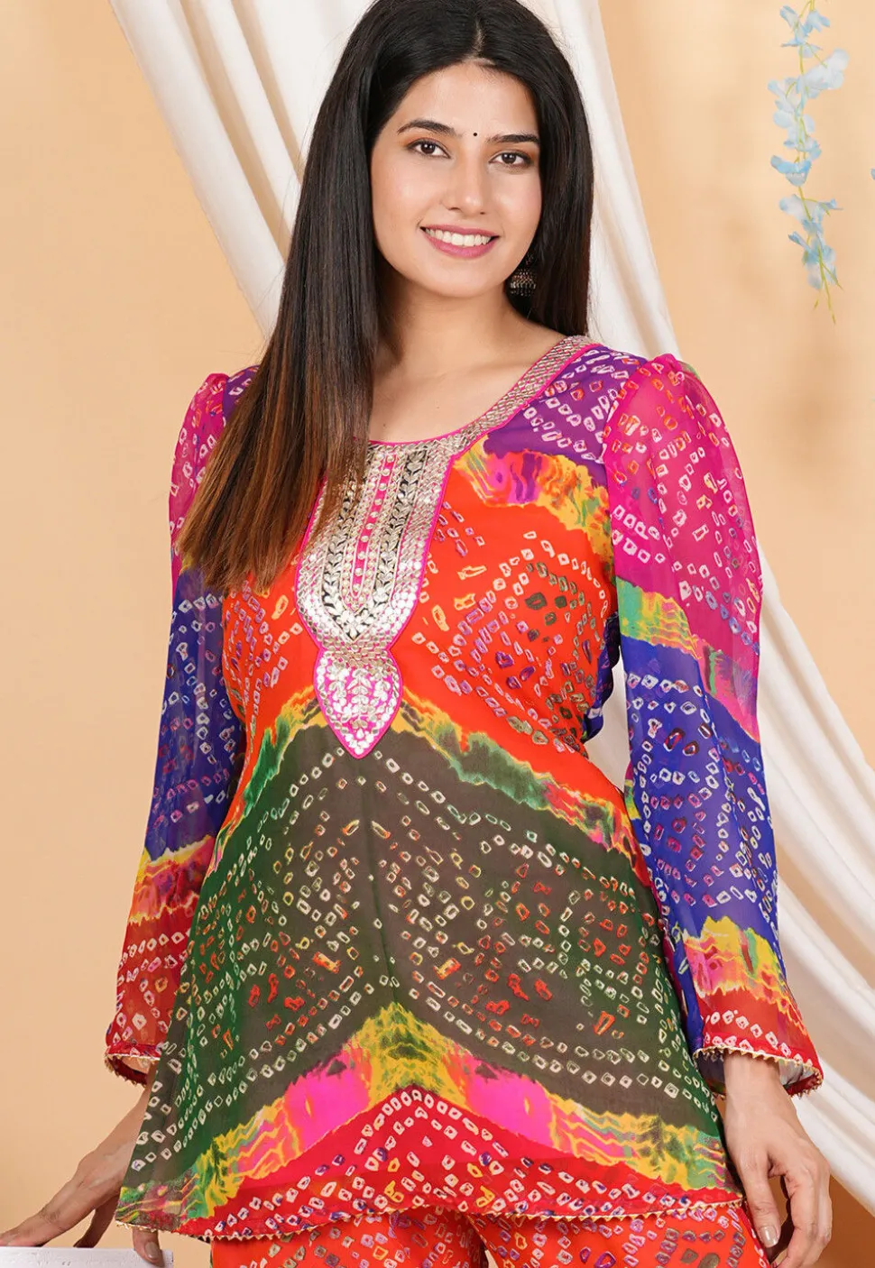 Bandhej Printed Georgette Kurti in Multicolor