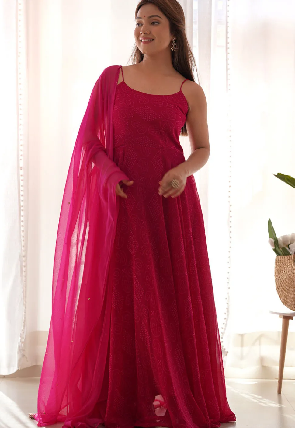 Bandhej Printed Georgette Abaya Style Suit in Fuchsia