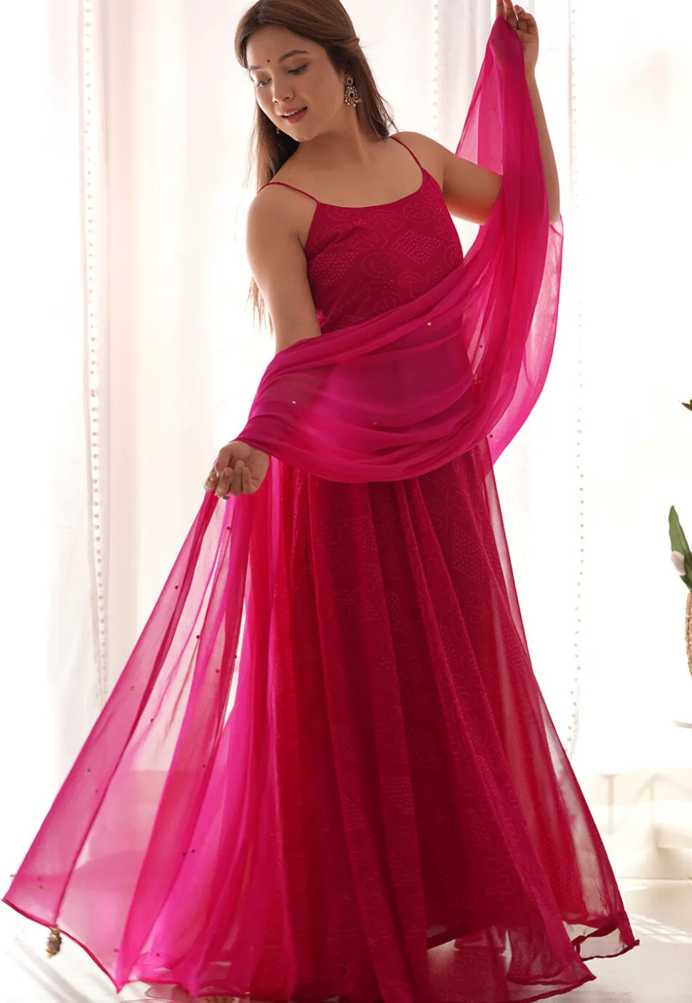 Bandhej Printed Georgette Abaya Style Suit in Fuchsia