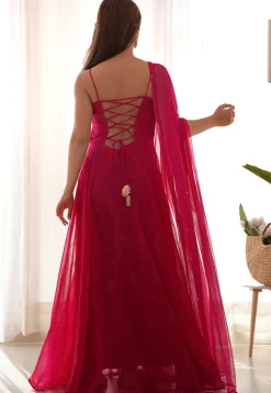Bandhej Printed Georgette Abaya Style Suit in Fuchsia