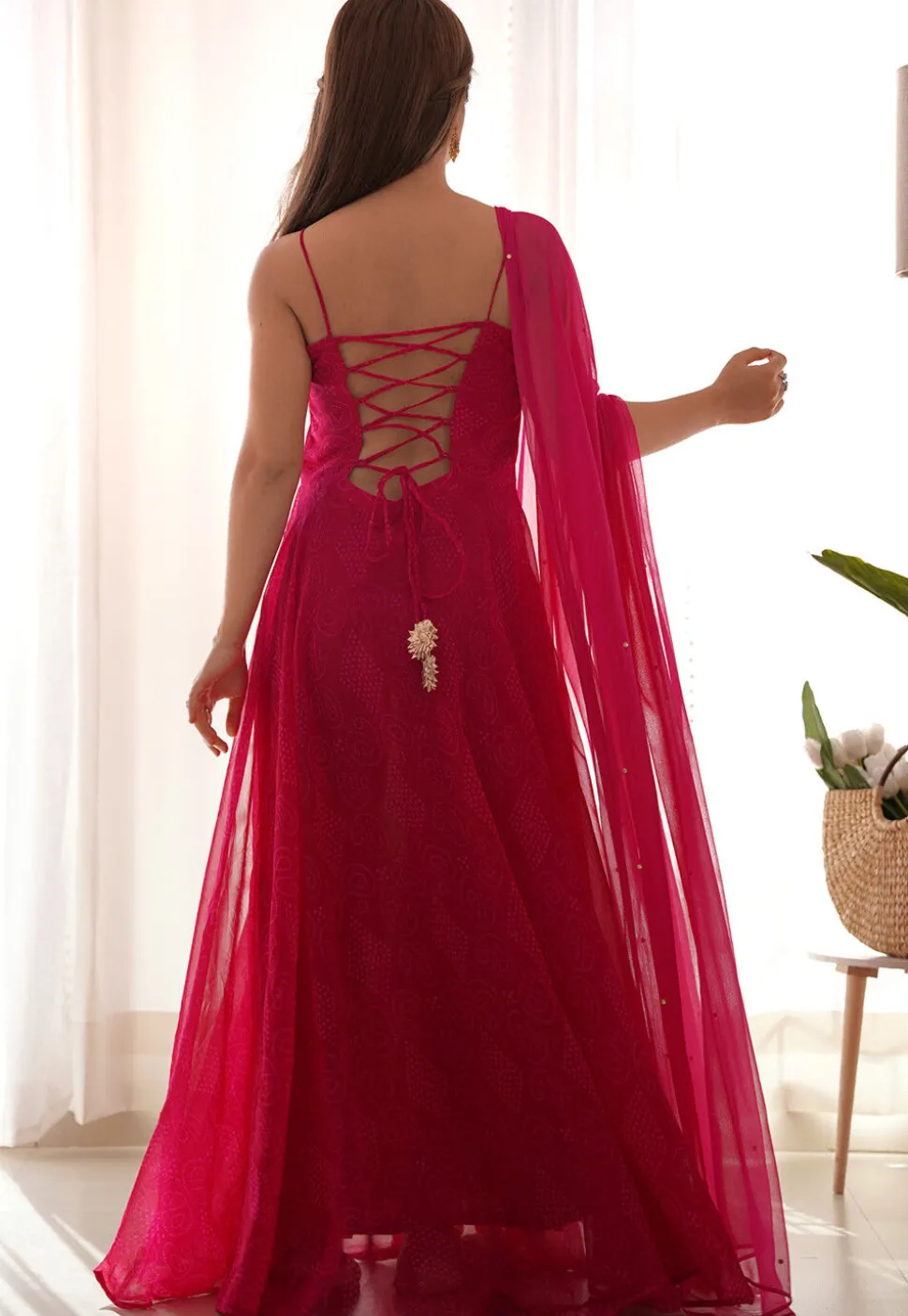 Bandhej Printed Georgette Abaya Style Suit in Fuchsia