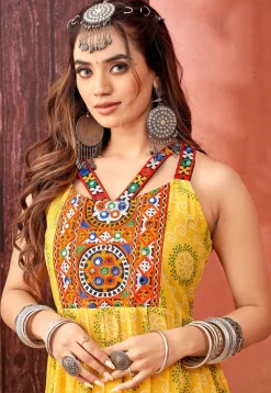 Bandhej Printed Georgette Tiered Gown in Yellow