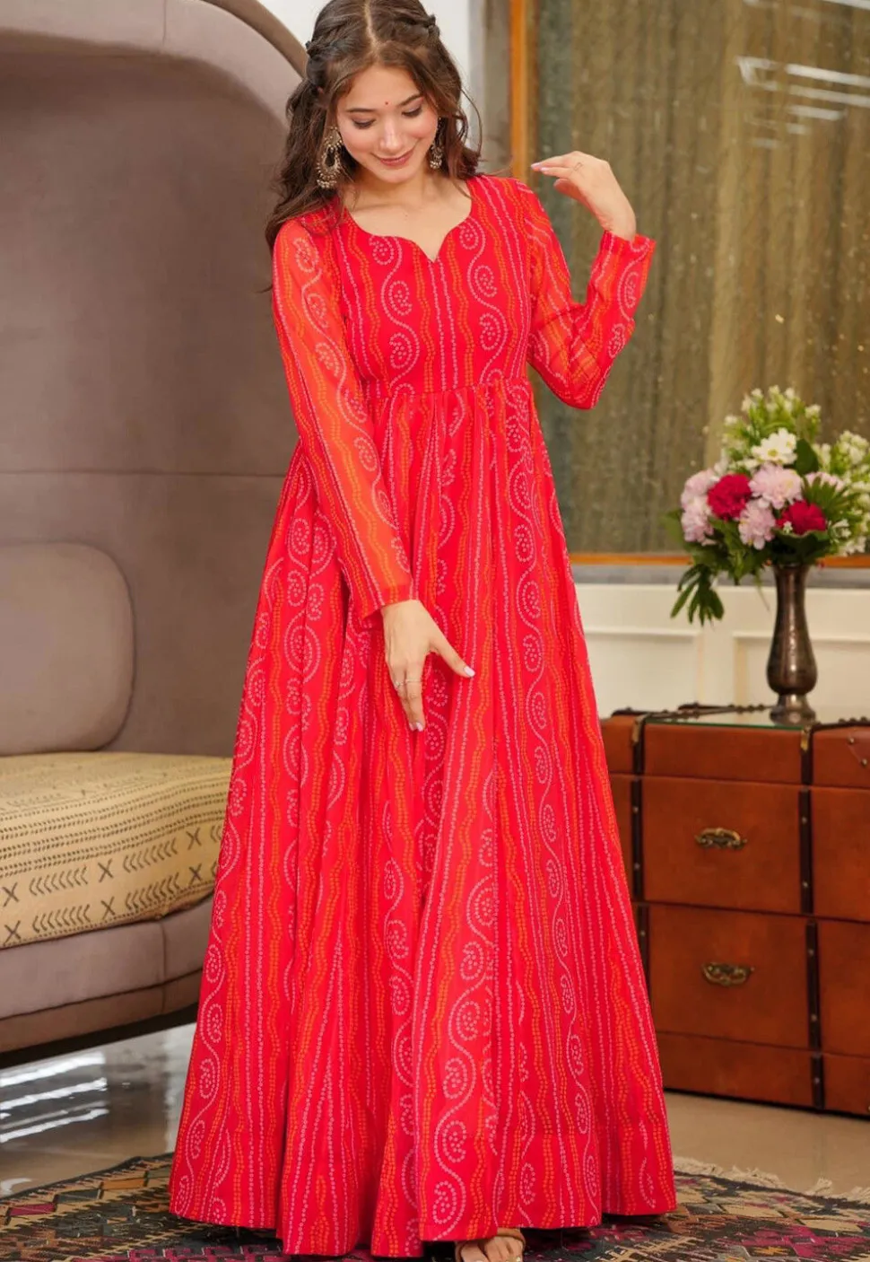 Bandhej Printed Georgette Gown in Red
