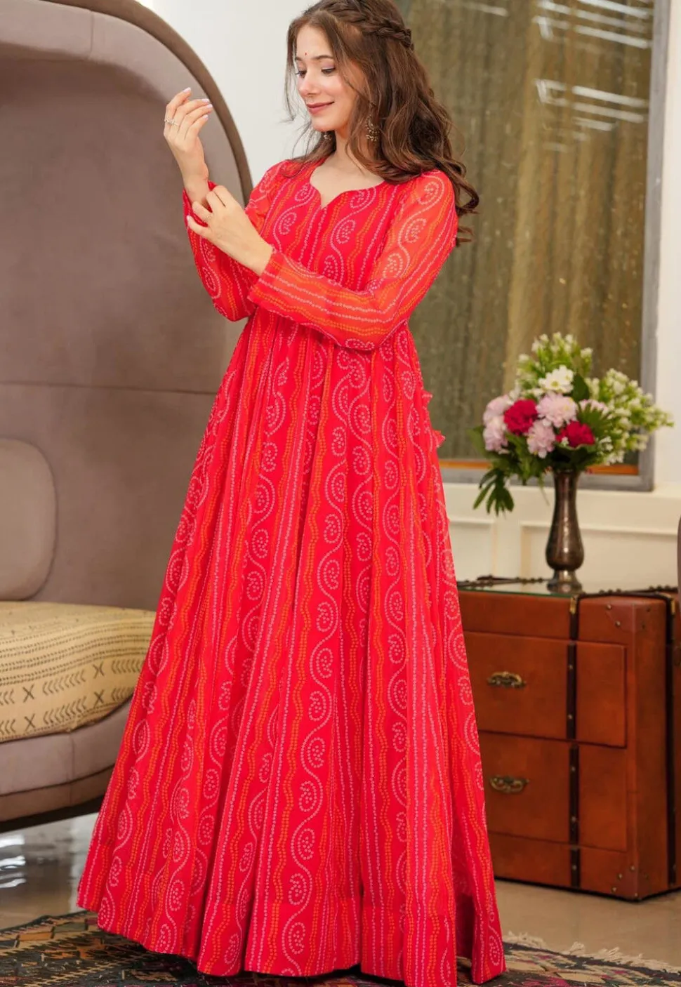 Bandhej Printed Georgette Gown in Red