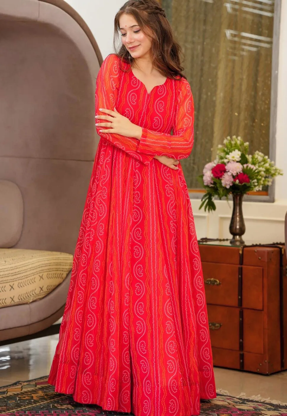 Bandhej Printed Georgette Gown in Red