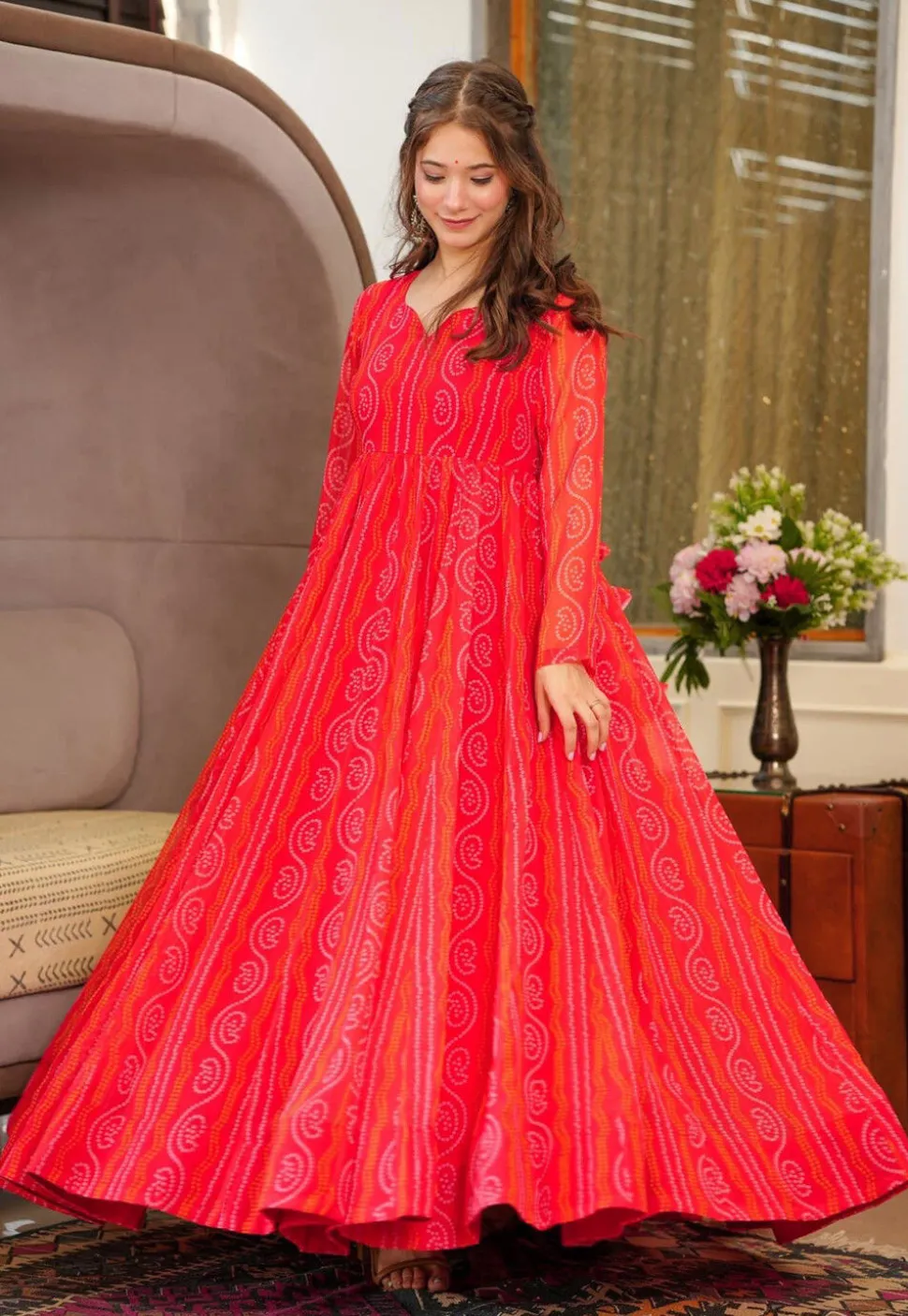 Bandhej Printed Georgette Gown in Red
