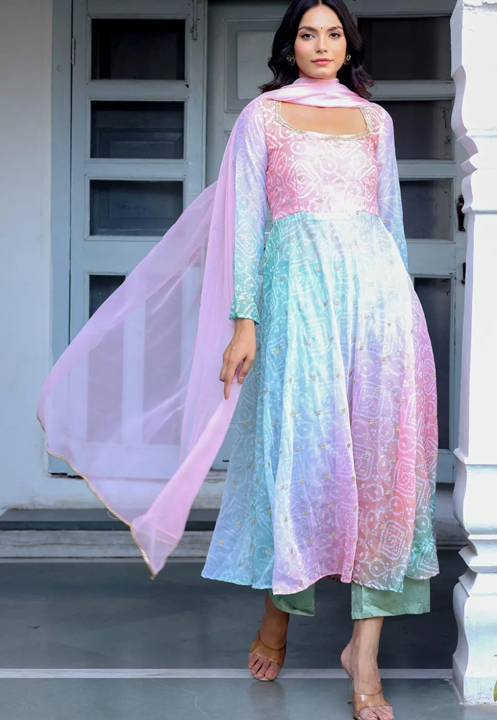 Bandhej Printed Georgette Aline Suit in Multicolor