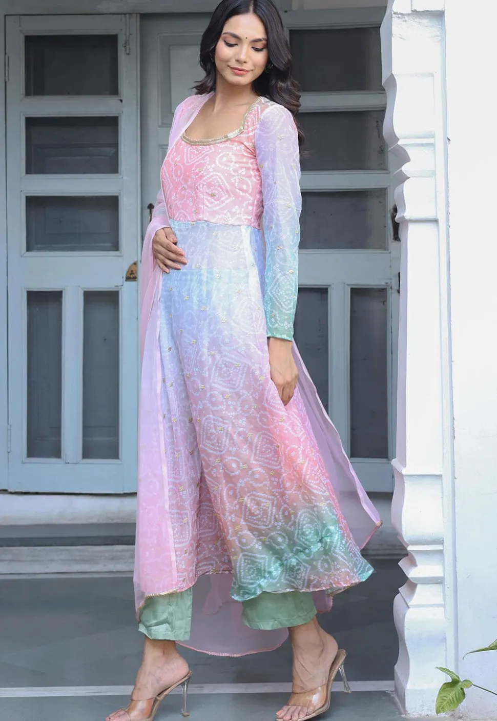 Bandhej Printed Georgette Aline Suit in Multicolor