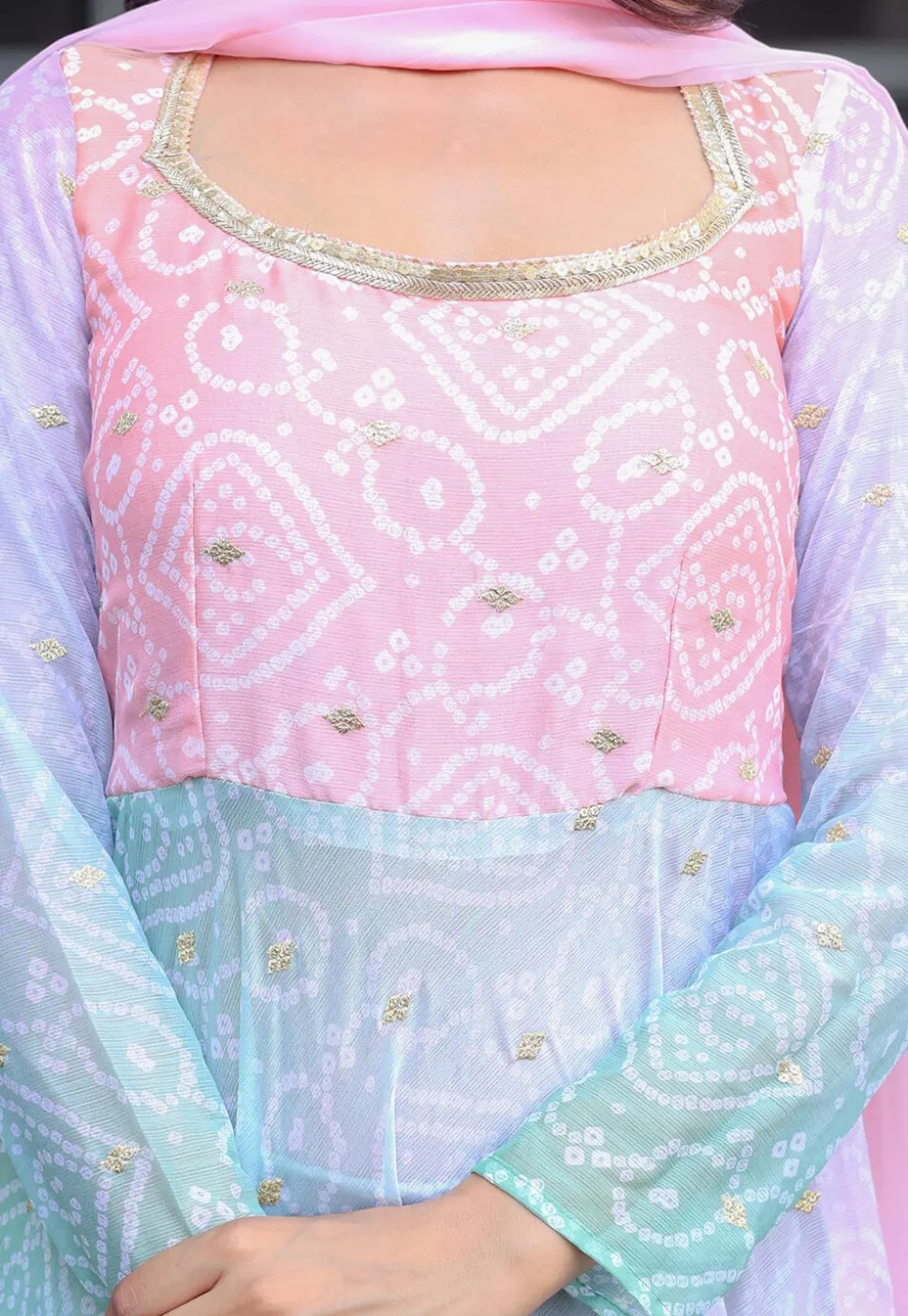 Bandhej Printed Georgette Aline Suit in Multicolor