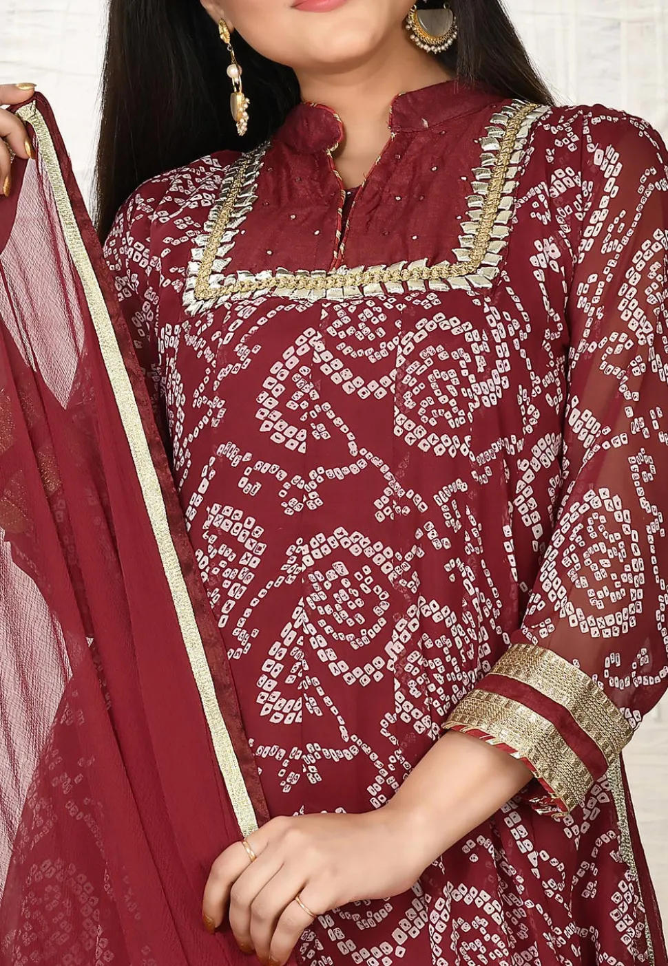 Bandhej Printed Georgette Abaya Style Suit in Maroon